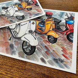 Scooters Art Print // Memphis Watercolor Painting // Vintage Scooter Trio image 2