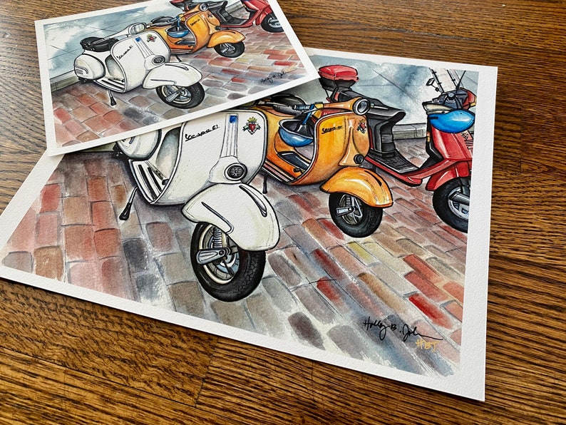 Scooters Art Print // Memphis Watercolor Painting // Vintage Scooter Trio image 2