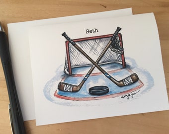 Ice Hockey Note Cards // Personalized Hockey Stationery // Blank Notes for Kids // Net and Puck Note Card Set // Hockey Player or Coach Gift