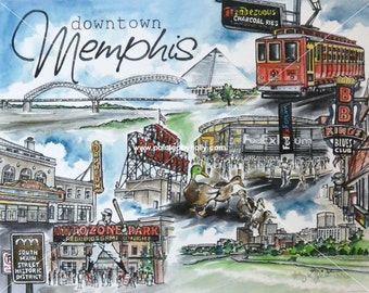 Downtown Memphis Tennessee Art Print // Orpheum Artwork // Memphis Grizzlies Watercolor Painting // The Peabody Ducks // Redbirds // Gift