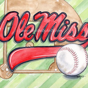 Ole Miss Rebels Baseball Art Print // University of Mississippi Baseball Watercolor Painting // UM Fan Gift