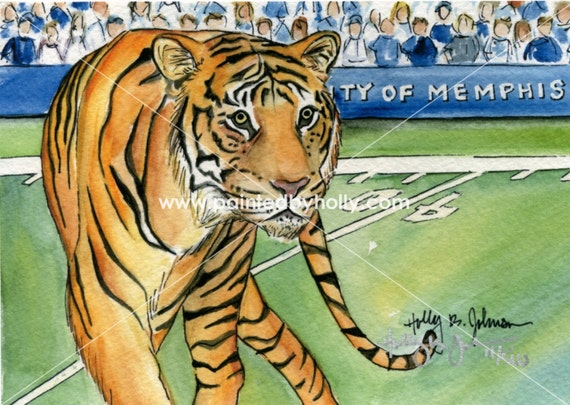 Memphis Tigers Football Art Print// Live Tiger Mascot Artwork // Memphis  Graduation Gift // University of Memphis Fan Gift // Tom Watercolor 