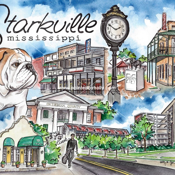 Starkville Mississippi Art Print // Mississippi State Bulldogs Artwork // MSU Graduation Gift // StarkVegas Watercolor Painting