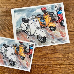 Scooters Art Print // Memphis Watercolor Painting // Vintage Scooter Trio image 3