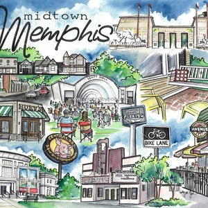 May include: A watercolor illustration of various landmarks and businesses in Midtown Memphis, Tennessee. The illustration includes the Levitt Shell, Central BBQ, Huey's, Overton Park Shell, and the Crosstown Concourse.