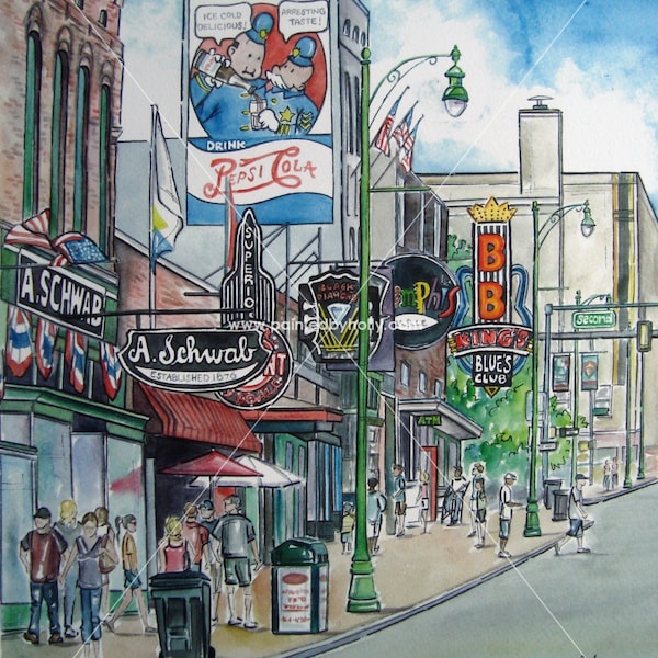 Beale St. Memphis, Tennessee Art Print // B.B. King Artwork // Beale Street Watercolor Painting // Downtown Memphis city themed wall decor