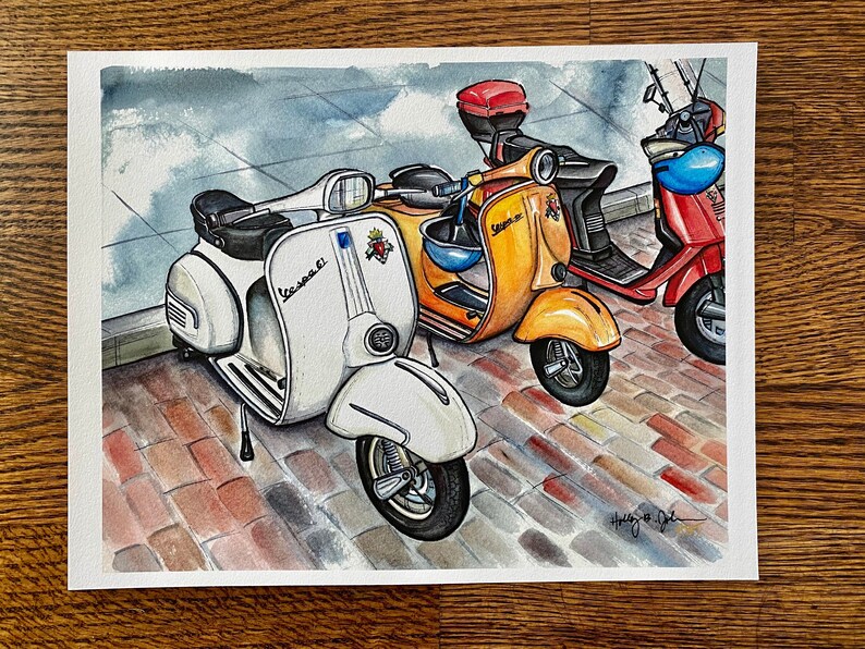 Scooters Art Print // Memphis Watercolor Painting // Vintage Scooter Trio image 1