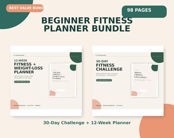 Beginner Fitness Planner Bundle, 30-Day Challenge, 12-Week Workout Meal Habit Tracker (PDF)
