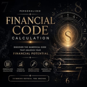 May include: A digital graphic with the words "FINANCIAL CODE CALCULATION" in gold lettering. The image features a staircase leading to a glowing dollar sign, with additional text: "DISCOVER THE NUMERICAL CODE THAT UNLOCKS YOUR FINANCIAL POTENTIAL."