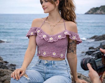 Crochet Daisy Off Shoulder Top Pattern, Beginner Boho Summer Crop Top (Digital PDF)