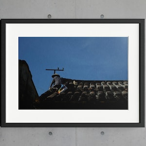 以下が含まれることがあります： 青い空の下、瓦屋根の上にいる人の額装写真。その人は帽子をかぶり、アンテナの近くで作業しています。屋根瓦は暗く、フレームは黒です。