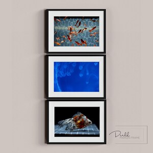 以下が含まれることがあります： 3つの額入りアートプリント。上部のプリントは水中のオレンジ色の魚を示しています。中央のプリントは、白い形のある青い背景を持っています。下のプリントは金魚を特徴としています。すべてのプリントは黒いフレームに入っています。