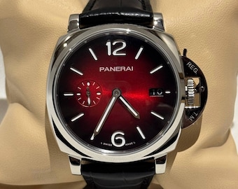 Reloj automático Panerai vintage / Esfera roja, acero inoxidable, correa de cuero negro para hombre