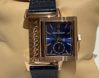 Orologio da polso vintage Jaeger-LeCoultre Reverso al quarzo / Oro rosa, acciaio, quadrante blu, cinturino in pelle, da uomo / Spedizione gratuita
