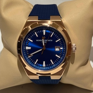 Vintage Vacheron Constantin Blue Dial Automatic Watch | Rose Gold Steel, Blue Rubber Strap Men's Wrist Watch