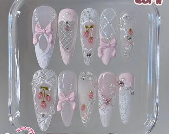 Luxury 3D Strawberry Coquette Press On Nails: Pink Bow Lace, Pearl Dollcore Nail