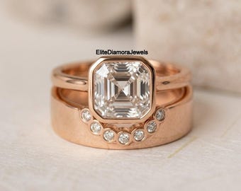 Rose Gold Asscher Cut Moissanite Engagement Ring Set, Vintage Style Bridal Set, Unique Wedding Rings
