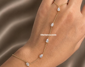 Gold Moissanite Hand Ketten Armband, Zarte Braut Slave Armband, Minimalistischer Hand Schmuck