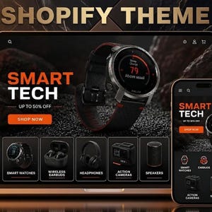 Puede incluir: Un ordenador portátil y un teléfono inteligente muestran una interfaz de sitio web titulada SMART TECH. La pantalla presenta un reloj inteligente, auriculares inalámbricos, cascos, una cámara de acción y un altavoz. Diseño oscuro con acentos naranjas.