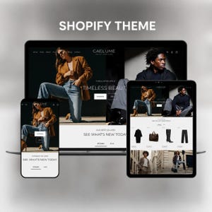 May include: A digital mockup showcasing a Shopify theme across multiple devices: a laptop, tablet, and smartphone. The theme features a fashion website with images of clothing and the text "CAELUME" and "TIMELESS BEAUTY". The phrase "SHOPFIY THEME" is at the top.