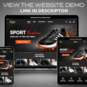 May include: A digital display showcasing a website for Luxe sneakers, with a black and white color scheme. The website is displayed on a laptop, tablet, and smartphone, featuring sport sneakers and the text "MUA NGAY".