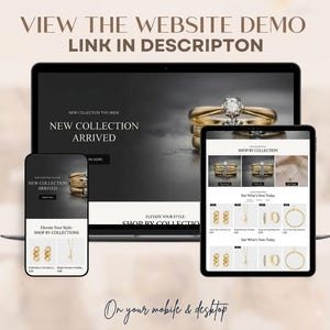 May include: A laptop, tablet, and smartphone displaying a jewelry website interface. The screens show a landing page with the text NEW COLLECTION ARRIVED, product categories, and images of gold rings, necklaces, and earrings with prices in pounds.