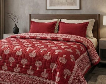 Trapunta in cotone stampata a mano con blocchi di legno: motivo albero rosso, copriletto indiano Rajai