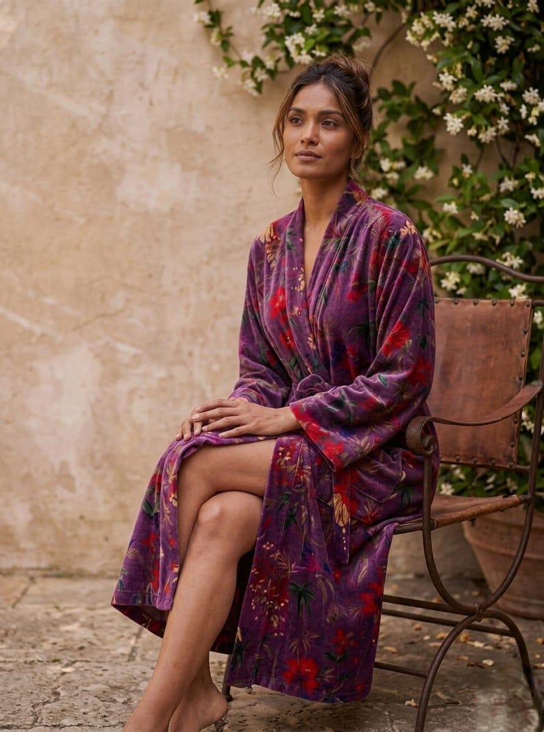 May include: A long, purple velvet robe with a floral pattern in red and green. The robe is open, revealing the legs of the person wearing it. The person is seated on a brown leather chair.