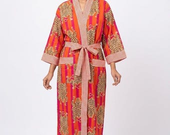 Kimono de algodón con estampado de tigre hecho a mano - Bata larga de verano para mujer - Prenda de playa y para dormir
