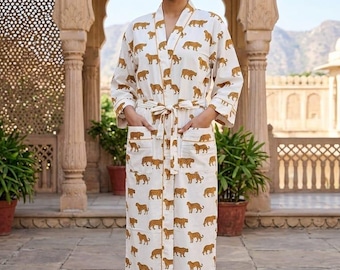Bata kimono de algodón con estampado de tigre, bata de baño con estampado animal, ropa de estar por casa de estilo bohemio.