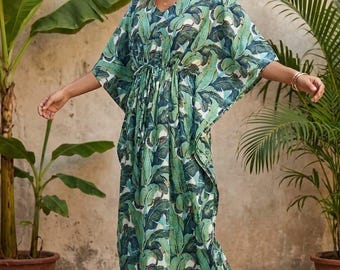 Green Tropical Print Kaftan Dress | Bohemian Beach Cover Up for Women