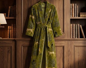 May include: Olive green velvet robe with a tie belt, featuring a repeating pattern of cheetahs, toucans, and foliage. The robe is hanging on a wooden hanger against a dark wood paneled wall. The robe's interior has a striped pattern.