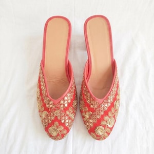 Red Embroidered Jutti Heels | Ethnic Slip-On Mules, Indian Bridal Shoes