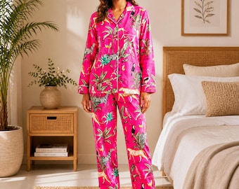 Luxury Pink Tropical Print Kimono Pajama Set for Women | Jungle Print Night Suit |