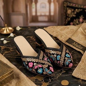 Embroidered Black Jutti for Women | Handmade Indian cotton Flats, Ethnic Wedding Shoes