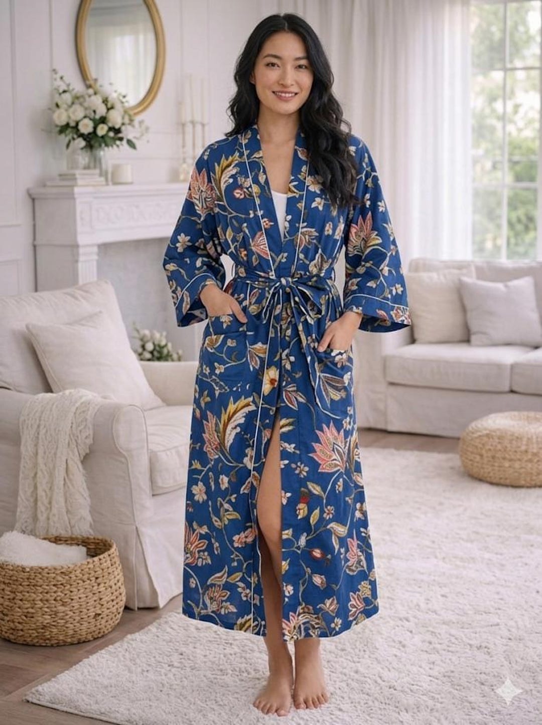 Blue Floral Cotton Kimono Robe, Women's Loungewear, Relaxed Fit Night ...