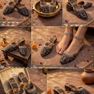 Puede incluir: Zapatos sin cordones bordados en negro y rojo, con un tac&oacute;n peque&ntilde;o. Los zapatos presentan dise&ntilde;os florales y geom&eacute;tricos, con un ribete marr&oacute;n. Las im&aacute;genes muestran los zapatos en diferentes entornos, incluyendo una caja decorativa y sobre una alfombra estampada.