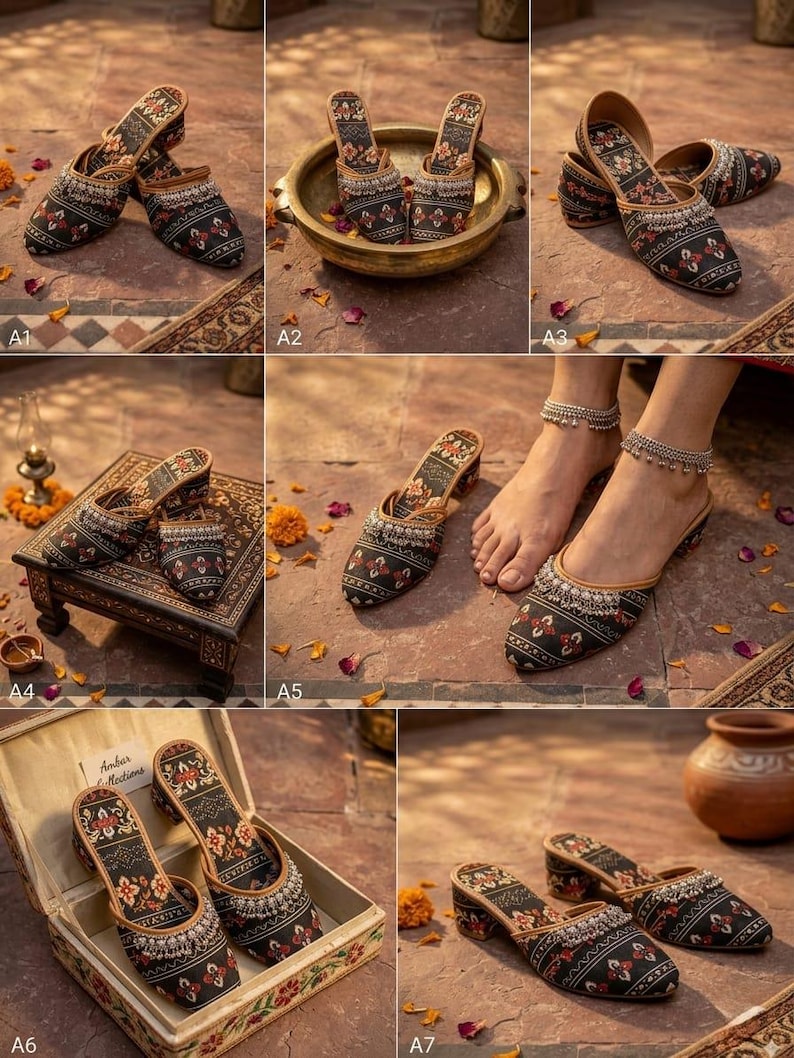 Puede incluir: Zapatos sin cordones bordados en negro y rojo, con un tac&oacute;n peque&ntilde;o. Los zapatos presentan dise&ntilde;os florales y geom&eacute;tricos, con un ribete marr&oacute;n. Las im&aacute;genes muestran los zapatos en diferentes entornos, incluyendo una caja decorativa y sobre una alfombra estampada.