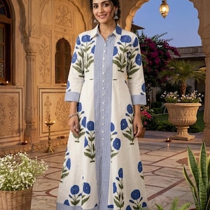 Blue Floral Cotton Kimono Robe Dress, Boho Summer Tunic, Button Down Loungewear