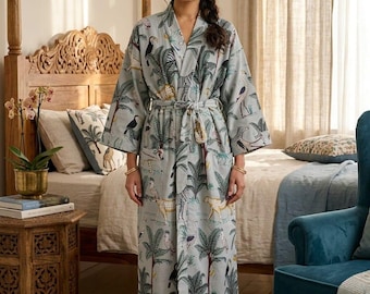 Safarimönstrad bomulls kimono-morgonrock, tropisk boho brudtärnemorgonrock