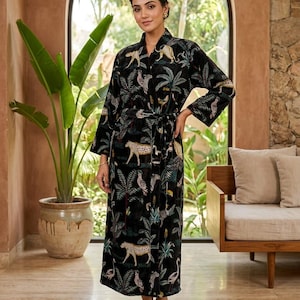 Velvet Kimono Robe, Tiger Tropical Print Duster, Silk Blend Loungewear