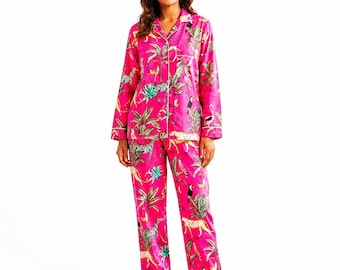 Luxury Pink Tropical Print Kimono Pajama Set for Women | Jungle Print Night Suit |