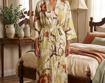 Floral Cotton Kimono Robe, Lightweight Summer Bridal Getting Ready Robe