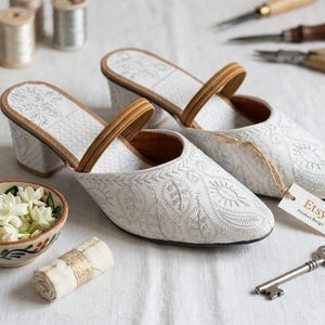 Women's White Embroidered Leather Mules | Handmade Indian Block Heel Shoes | Luxury Ethnic Footwear