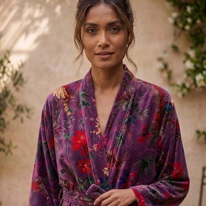 Floral Velvet Kimono Robe, Boho Lounge Dress, Japanese Style Robe for Women image 6