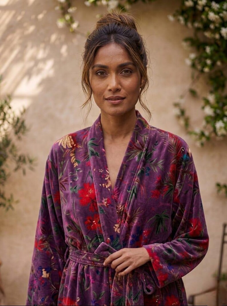 Floral Velvet Kimono Robe, Boho Lounge Dress, Japanese Style Robe for Women image 6