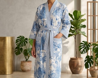 Peignoir kimono à fleurs bleu, peignoir en coton pour femme, peignoir de spa, tenue de plage