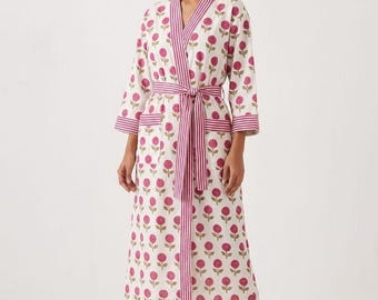 Handblockdruck Baumwolle Kimono Robe, Rosa Floral Lange Morgenmantel, Brautjungfer Geschenk Robe