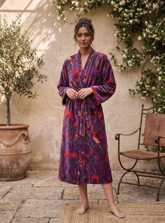 Velvet Floral Kimono Robe | Luxury Long Women's Dressing Gown