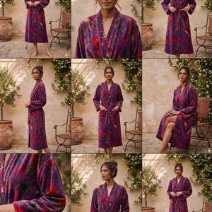 May include: A plush, purple robe with a floral pattern in red and green. The robe features a shawl collar, long sleeves, and a matching tie belt. The robe is knee-length and has pockets.